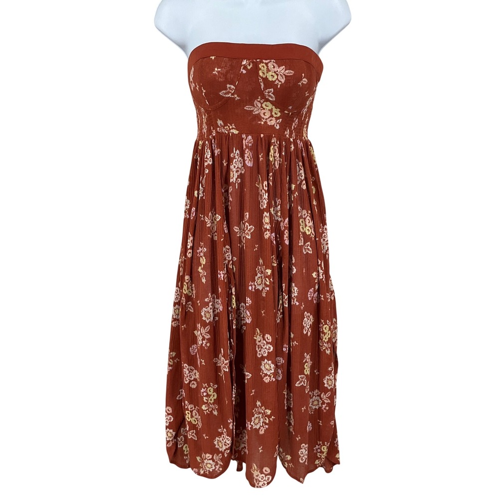 Free People Midi Dress Womens Small Rust Floral Strapless Smocked Boho S